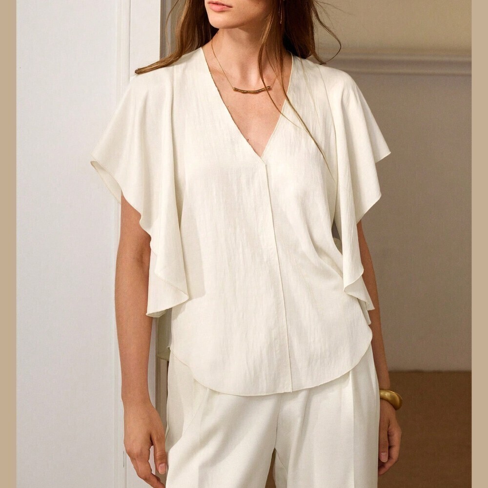 Ivory V Neck Flutter Sleeve Blouse with Curved Hem